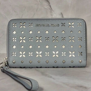 Michael Kors Zip Around Wallet Wristlet Laser Cut Dusty Blue